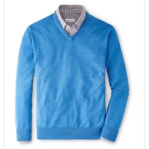 Peter Millar Men's Alpine Blue Crown Soft Merino-Silk V-Neck Sweater Size Medium